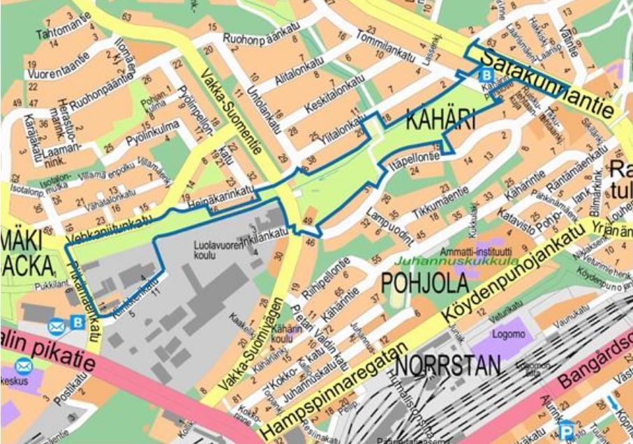 Karta över stadsdelen Långbacka i Åbo