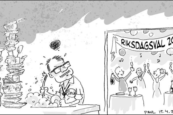 En karikatyr av Juha Sipilä som står i köket och diskar när alla andra festar efter riksdagsvalet 2019.
