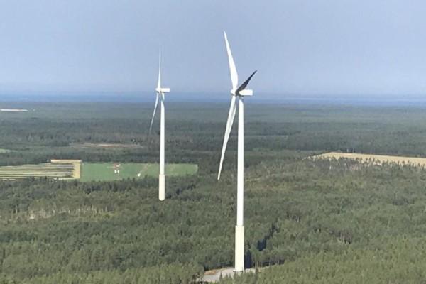 Vindkraftverk i skog.