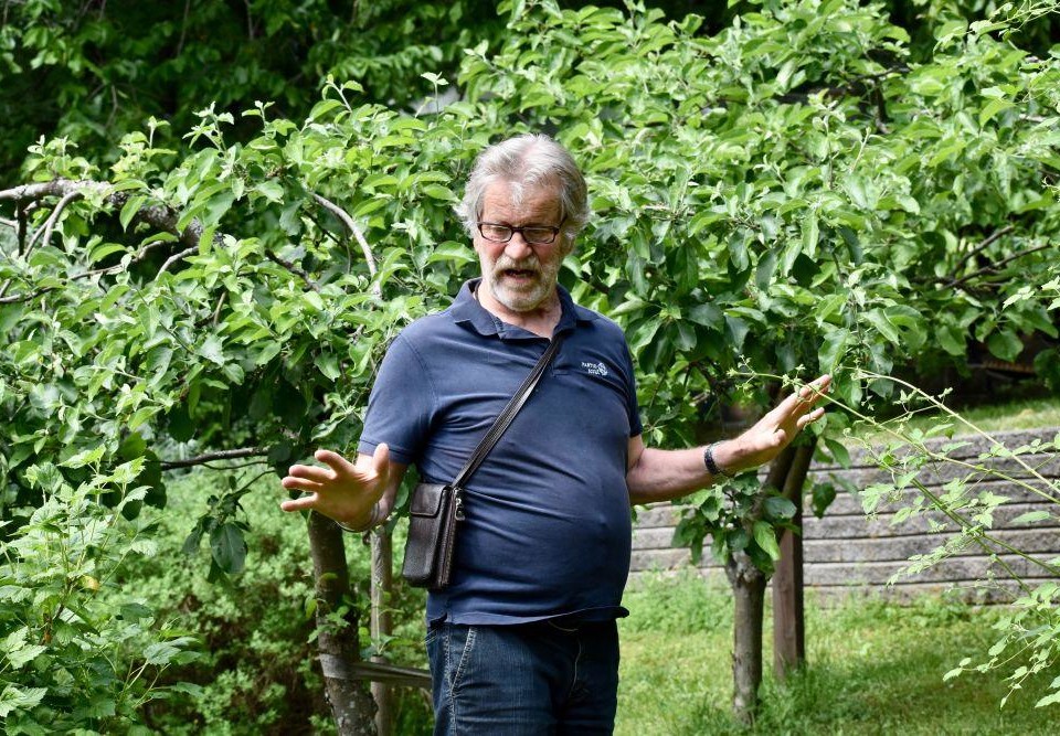 En äldre man står och pratar omringad av buskar och träd.