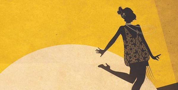 Affisch för pjäsen Berliinistä Broadwatlle som föreställer en ritad kvinnofigur i 1920-talskläder som står mot en gul bakgrund i en ljuskägla