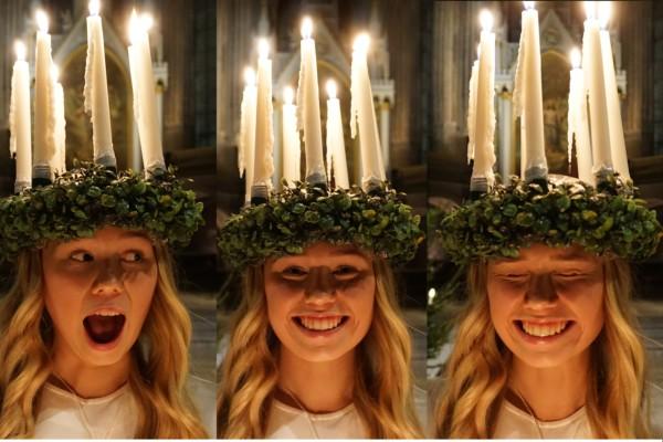 tre bilder av en skrattande lucia med ljuskrona på huvudet