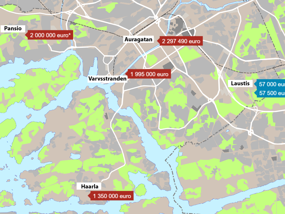 en karta över dyra och billiga lägenheter i Åbo