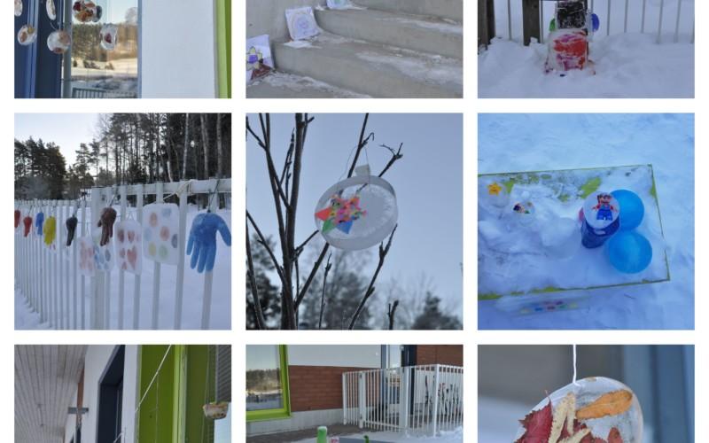 collage av många olika former av iskonstverk utomhus gjorda av barn.