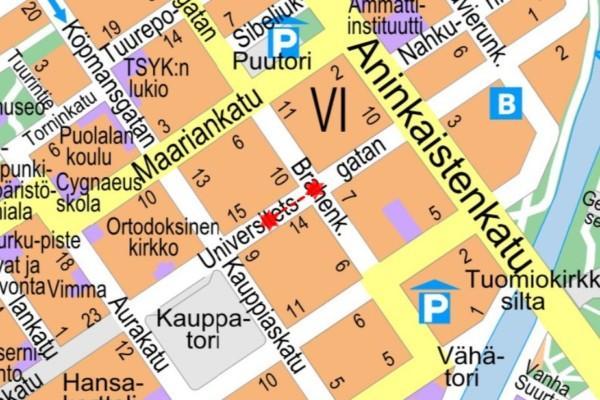Karta över gator i Åbo, där det finns utmärkt var trafiken kommer att påverkas.