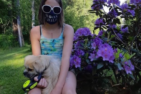Flicka med hund. Hon bär munskydd och mörka solglasögon.