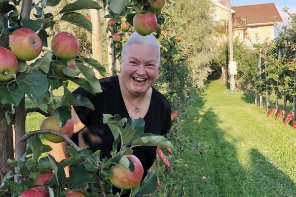 Glad kvinna vid äppelträd