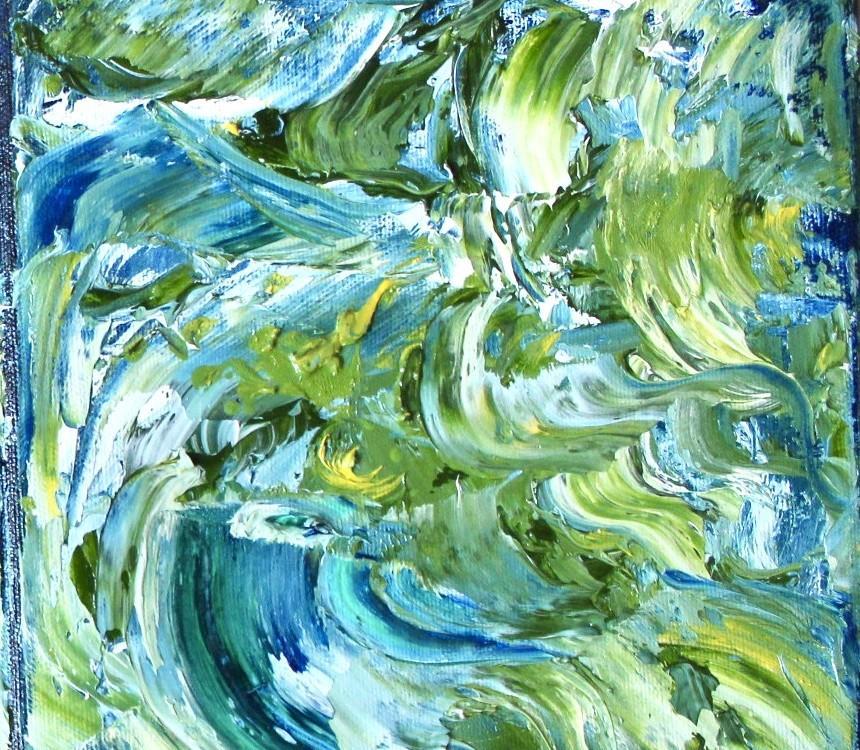 Bild av en oljemålning med olika svirvlar och nyanser av grönt, blått och vitt.