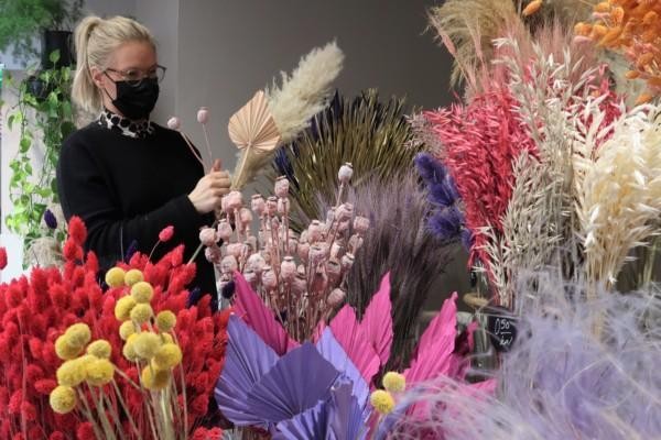 bild av en person som plockar en bukett från vaser med olika färgers torkade blommor.