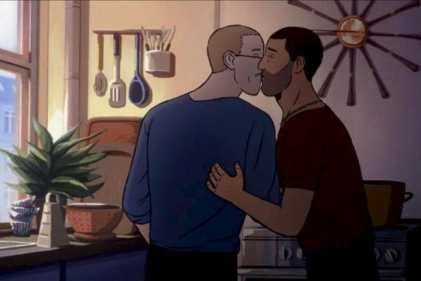 En tecknad bild på två män som kysser varandra.