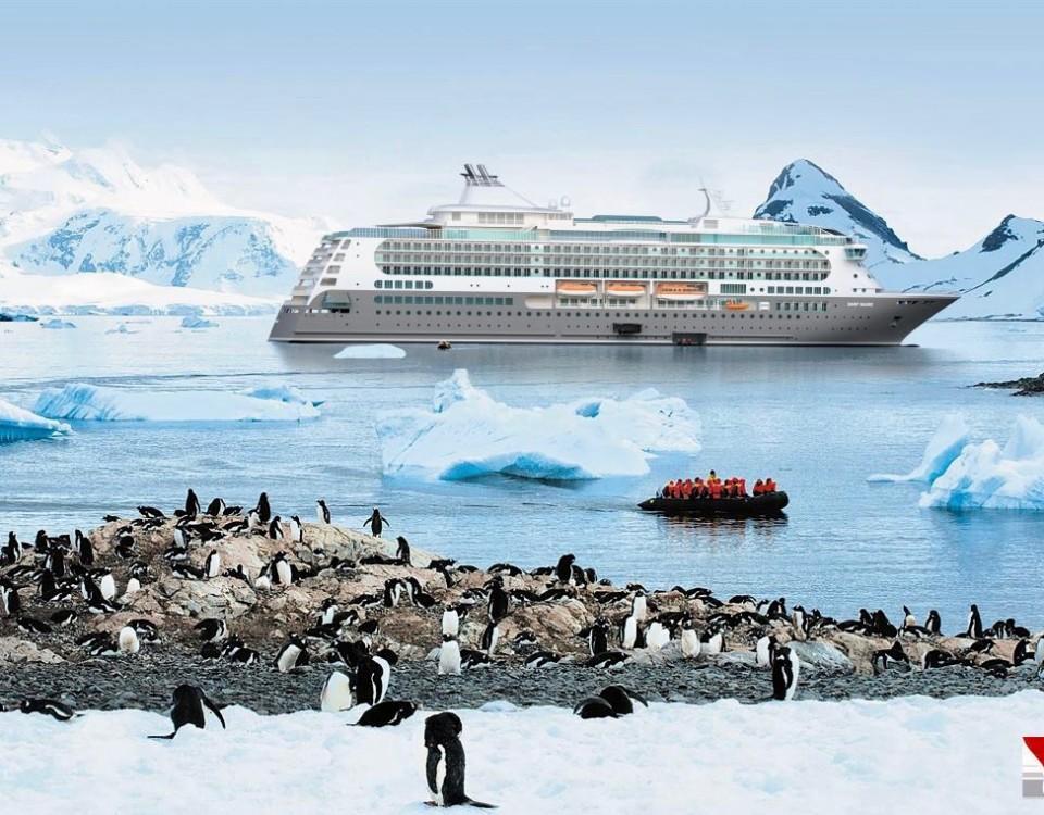Ett passagerarfartyg bland isberg.