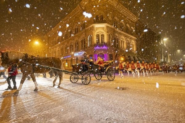 häst med släp och julkädda personer promenerar i snöfallet