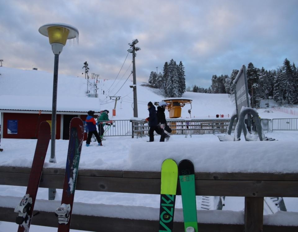 slalomskidor i förgrunden, slalombacke vintertid i bakgrunden