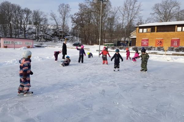 barn åker skridsko på en liten isplan