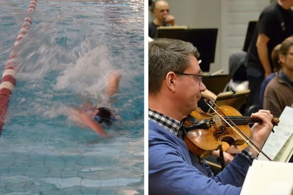 Fotokollage med simmare i simbassäng och man som spelar fiol