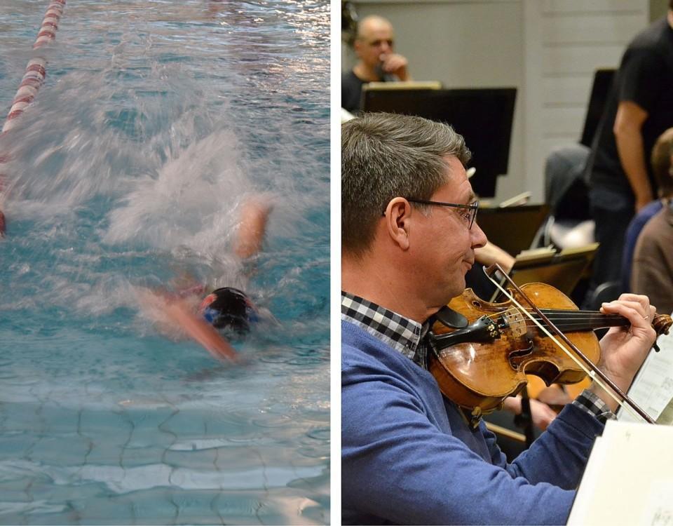 Fotokollage med simmare i simbassäng och man som spelar fiol