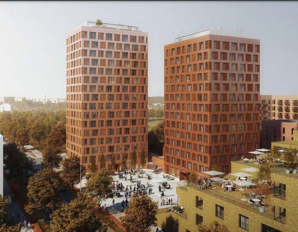 visionsbild av två höga hus med många fönsterrutor