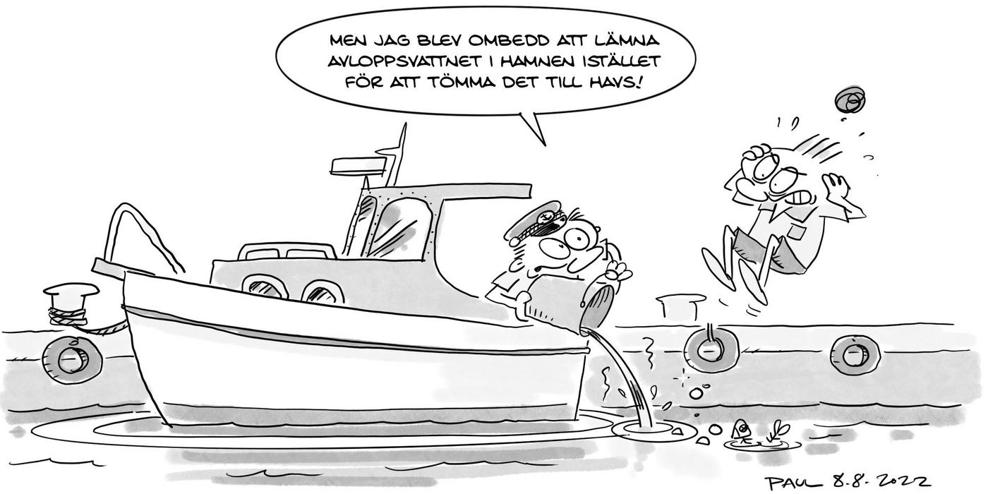 Ritad teckning som föreställer båtägare som häller en hink avloppsvatten i sjön.