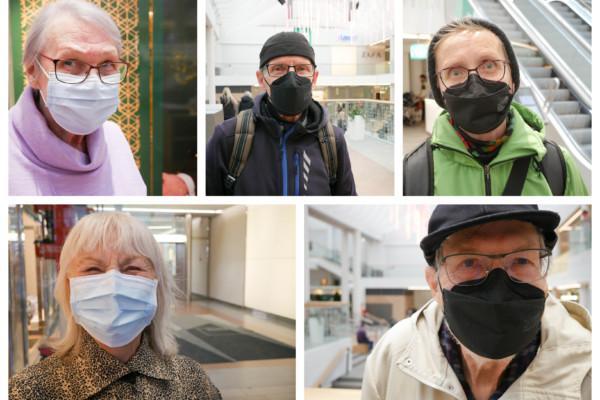 fem typer med munskydd i ett bildcollage