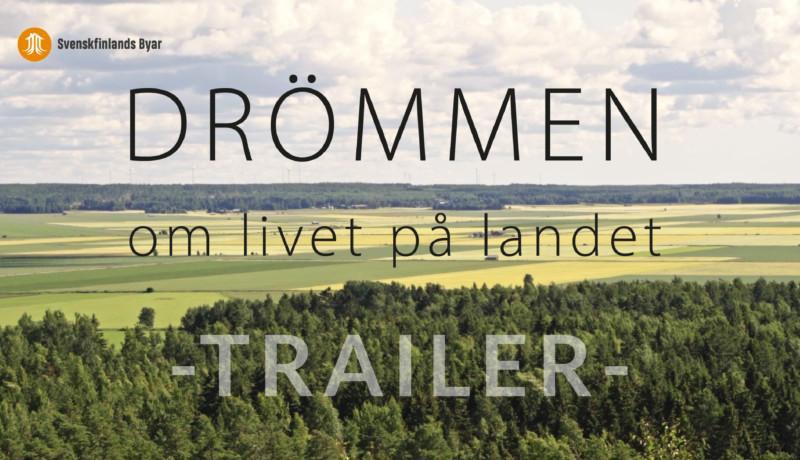 Skärmdump från video. Åkerlandskap med påklistrad text: Drömmen om livet på landet trailer.