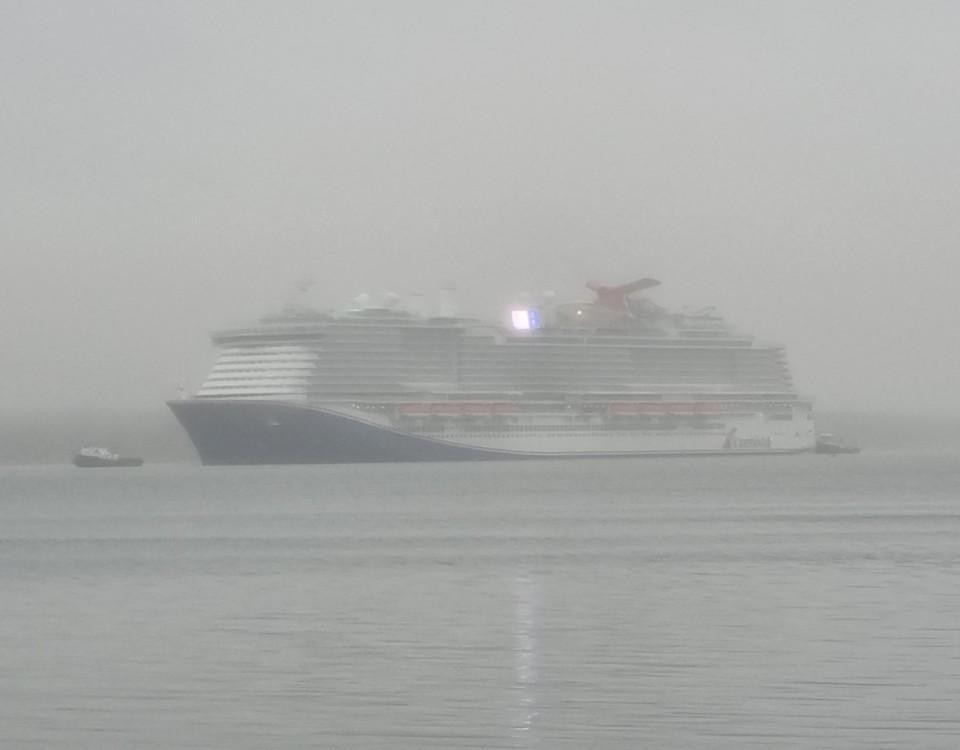 Kryssningsfartyg i grå dimma