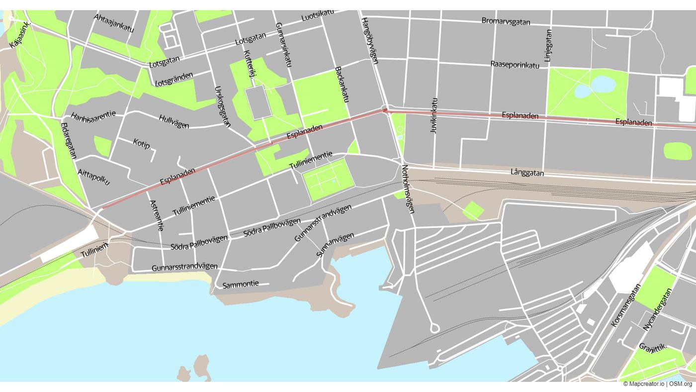 karta med Esplanaden i Hangö markerad med rött.