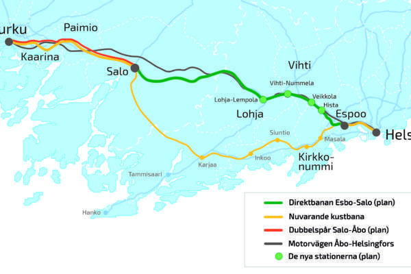 Karta över järnvägsplaner Åbo-Helsingfors