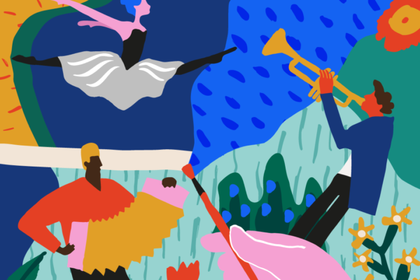 Färggrann illustration med människofigurer som dansar och spelar olika instrument