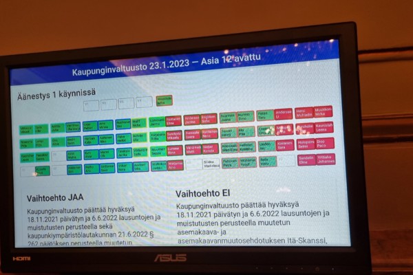 skärm med röda och fler gröna rutor som visar hur politiker har röstat