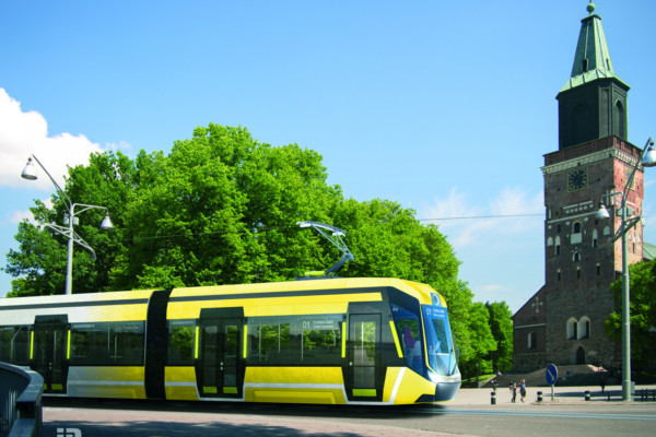 Visionsbild av gul spårvagn, Åbo domkyrka i bakgrunden