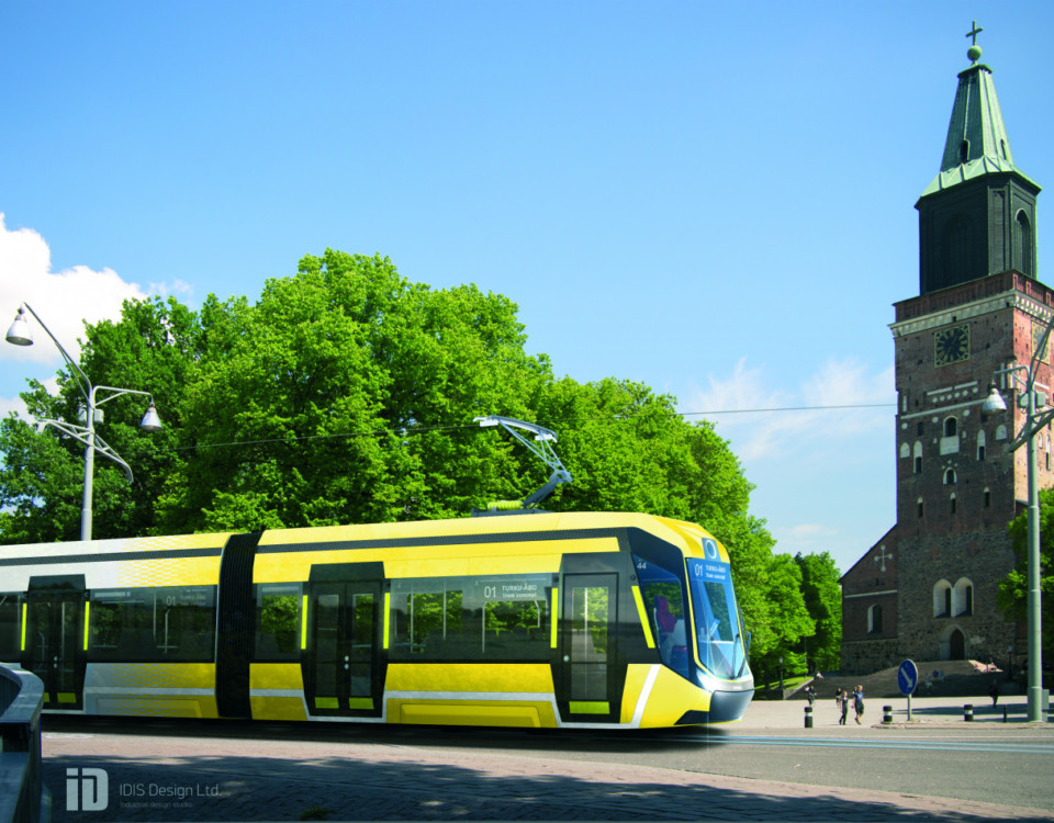 Visionsbild av gul spårvagn, Åbo domkyrka i bakgrunden