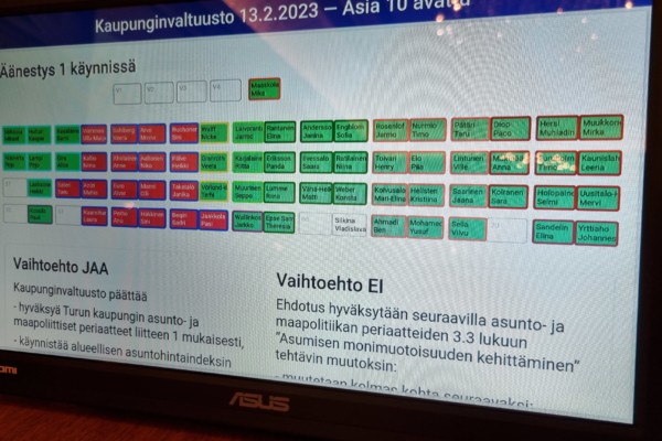röda och gröna rutor på skärm som visar ett politiskt omröstningsresultat