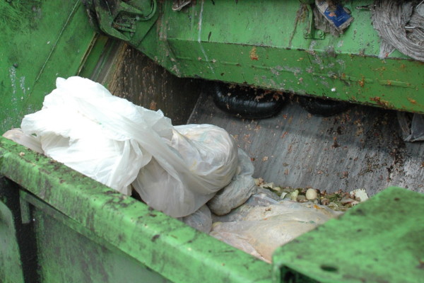 Närbild av avfall i grön sopbil