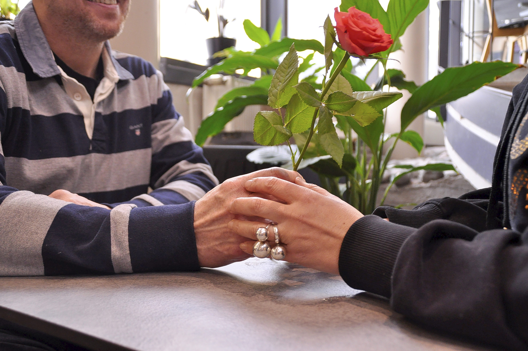en man ger en kvinna en ros över ett bord