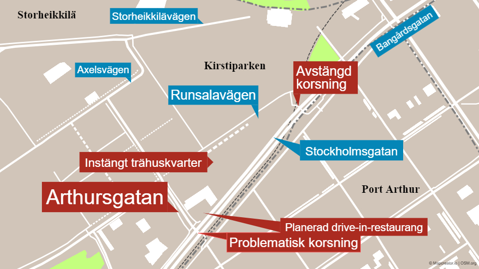 karta med röda och blå gatunamn inritade, visar en problematisk korsning