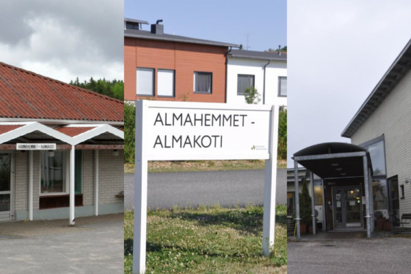 Collage av tre byggnader för äldrevård