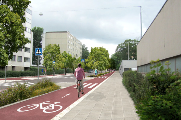 En illustrationsbild på en gata med en bred cykelled och mycket grönt.