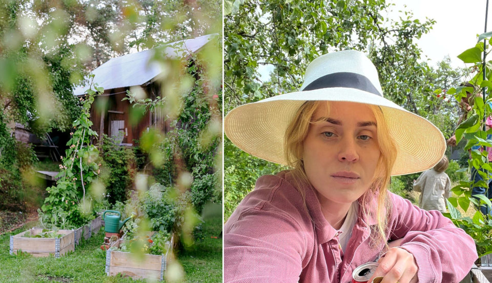 Bildpar: lummig trädgård med odlingslådor och en kvinna med solhatt