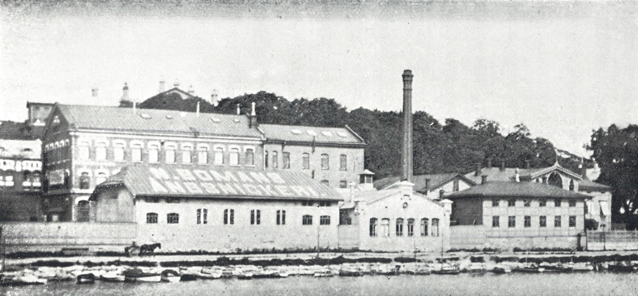 Svartvit bild av flera stora hus vid åstranden i Åbo
