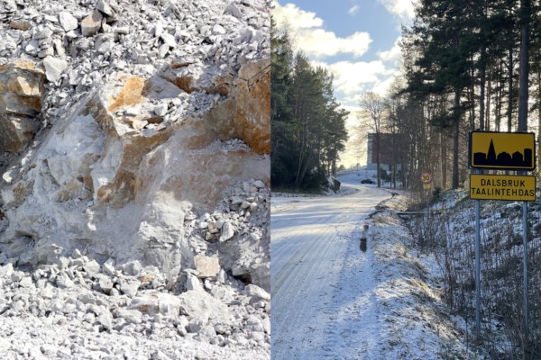 två bilder: av ett stenbrott i närbild och av en väg in i tätorten Dalsbruk