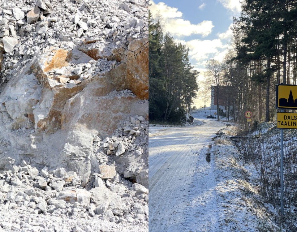 två bilder: av ett stenbrott i närbild och av en väg in i tätorten Dalsbruk
