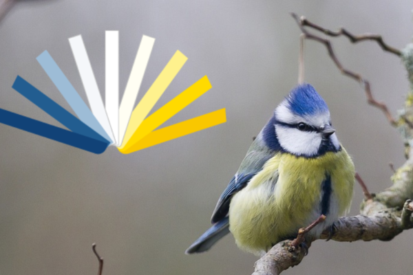 Blåmes sitter på en gren, på vänster sida en logotyp i form av en solfjäder i blått, vitt och gult.