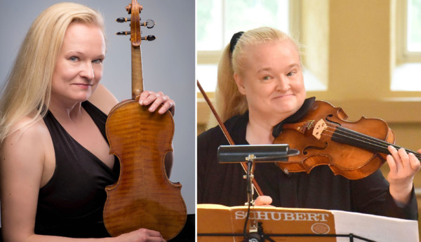 collage av två kvinnor med violin