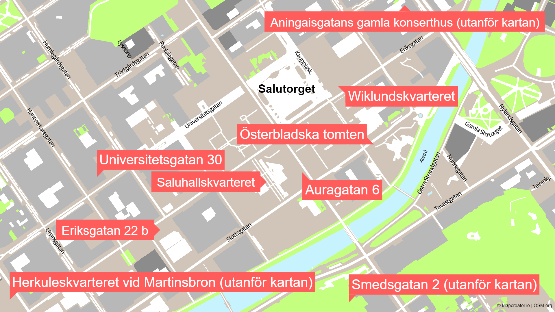 karta med många röda rutor med vit text som visar var det ska byggas nya höghus på ett litet område