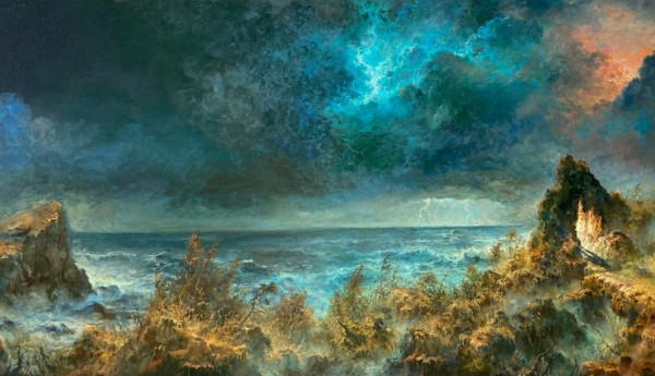 Dramatisk landskapsmålning av stormigt hav