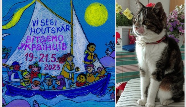 Ett bildkollage med en affisch och en katt