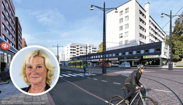 kvinna i vit cirkel nere till vänster, visionsbild av stadsgata med spårvagn som bakgrund