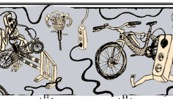 Tecknad cykel, skarvsladd och kablar