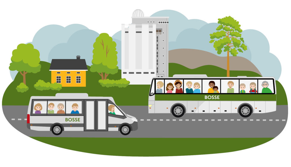 Illustration av två bussar som möts i tätort.