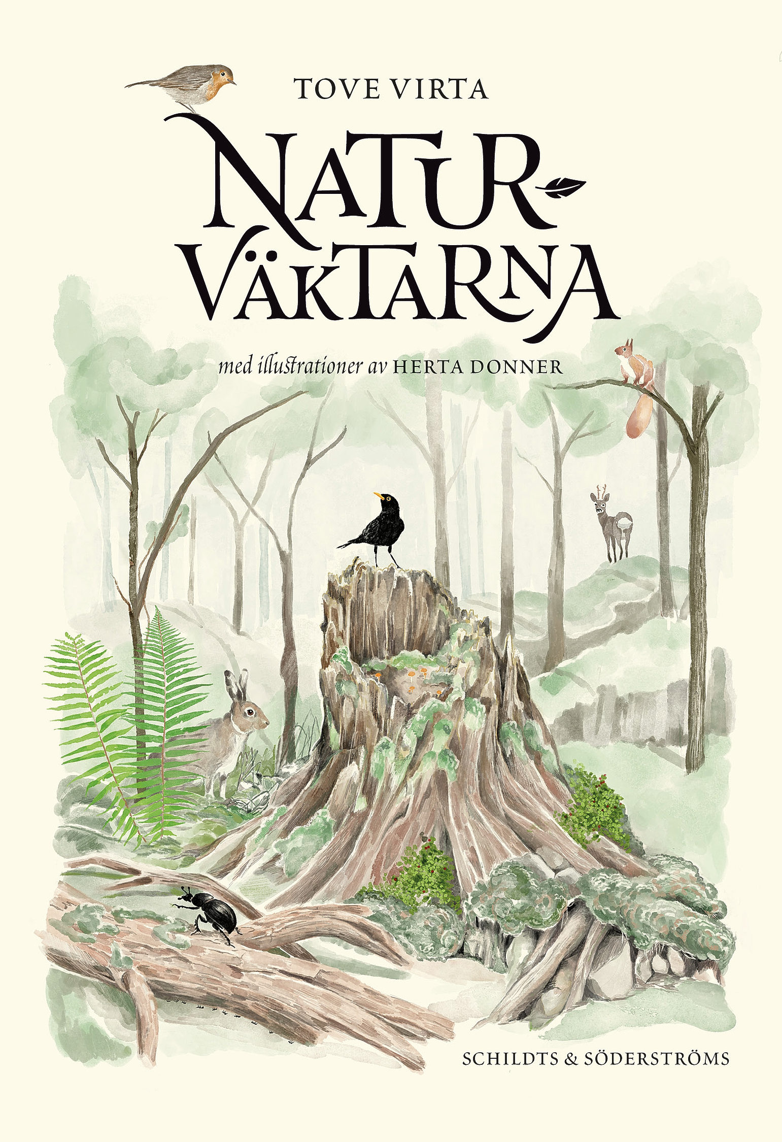 Bokomslag med titeln "Naturväktarna". Illustrerad skogsvy med fåglar och andra djur kring en stor stubbe.